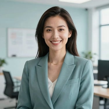 A professional headshot of a female logistics director in a Muted Teal blazer, looking confident and smiling. The background is a bright, clean office with Pale Blue accents.