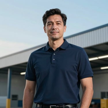 A professional portrait of a male operations manager wearing a Deep Navy polo shirt, standing in front of a modern warehouse structure with Pale Blue sky.