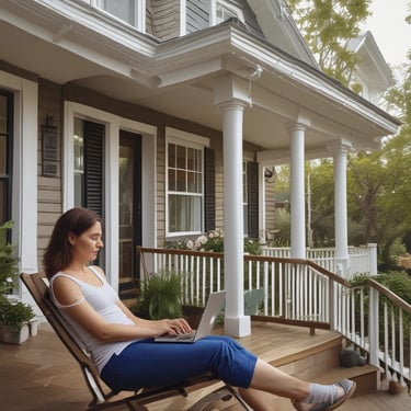 Homeowner relaxing on porch with laptop showing a Zillow 3D tour on screen.