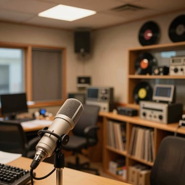 Wide environmental shot of a small-town FM radio studio interior, microphone in foreground, warm tungsten glow, bookshelves with vinyl records and broadcast equipment visible in background, candid mid-show atmosphere