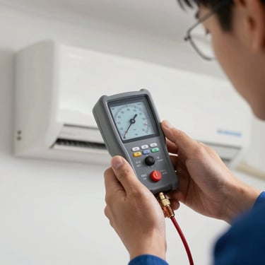 Technician hands holding a digital measurement device near an AC wall unit, bright studio daylight, close-up diagnostic framing showing meter display and copper pipe connections, no face visible
