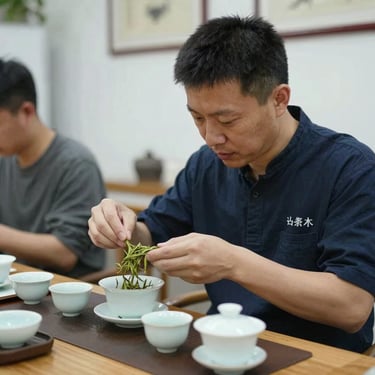 A candid photography of an East Asian / Chinese tea specialist in a modern workshop, carefully evaluating the infusion of green tea in a professional porcelain tasting set.
