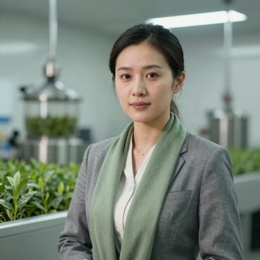 A professional portrait of an East Asian / Chinese female quality control manager in a modern tea processing facility, dressed in business casual attire with a Sage Green scarf.
