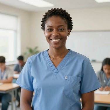 Bright editorial portrait of an African American female clinical instructor in professional scrubs, modern classroom setting, warm friendly expression, soft lighting, 35mm