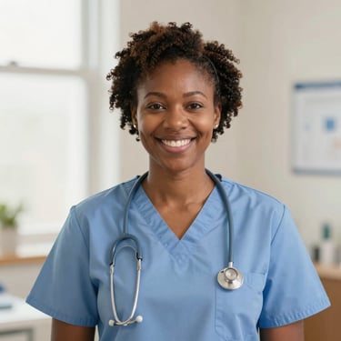 Bright editorial portrait of a smiling African American female registered nurse in professional scrubs, warm clinic environment, soft natural lighting, 35mm