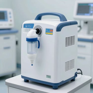 Compact medical oxygen concentrator on a sterile clinical floor, technical details in sharp focus, bright daylight, professional medical equipment.