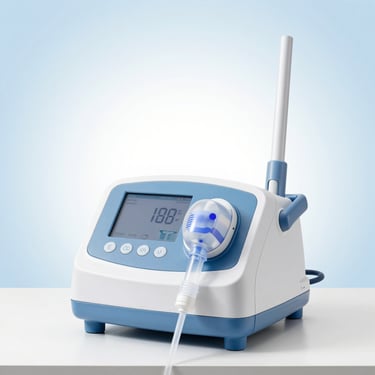 Professional BiPAP medical equipment with integrated humidifier on a clean clinical surface, high-key studio lighting, sterile blue and white tones.