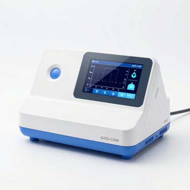 Clinical studio shot of a modern Auto-CPAP device with digital screen showing pressure parameters, sterile white background, sharp focus, cool blue medical lighting.