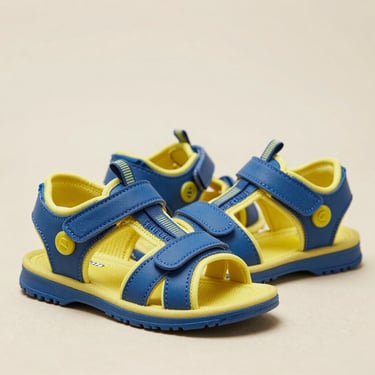 Bright studio shot of colorful durable kids sandals, neutral background, sharp focus