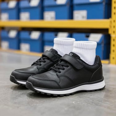 Durable black school shoes with white socks, clean commercial product photography