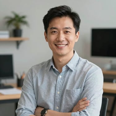 Portrait of a professional man in a creative studio setting, confident and friendly expression.