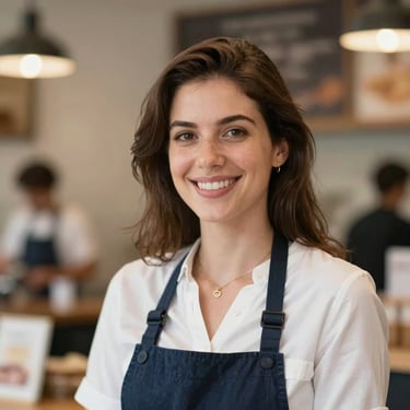 Portrait of a smiling local customer in Zaragoza, natural lighting, elegant and approachable vibe.