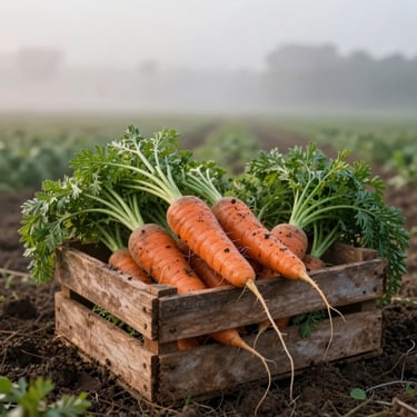 Morning mist over a heritage farm field, soil-dusted heirloom carrots resting on a rustic wooden crate.
