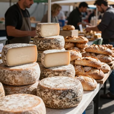 Candid shot of a bustling independent food market, natural daylight illuminating artisanal cheese wheels and fresh bread.