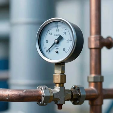 Close-up of a pressure gauge and copper piping on an industrial HVAC system, sharp focus, technical detailing, cool blue lighting