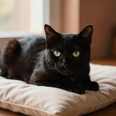A sleek black Indian Indie cat with striking green eyes resting on a cream cushion, soft window light, shallow depth of field