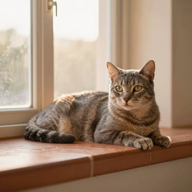 A handsome grey tabby Indian cat lounging on a terracotta balcony, soft golden hour light