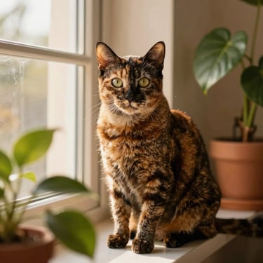 A majestic tortie Indian Indie cat sitting regally near green indoor plants, warm natural light