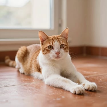 A playful young ginger and white Indian Indie cat stretching on a terracotta floor, bright natural lighting, 35mm
