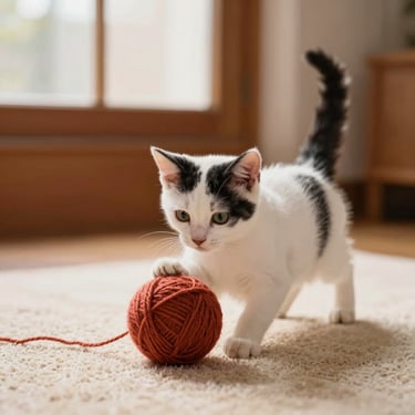 A small white and black desi kitten playing with a ball of yarn on a cream rug, soft focus