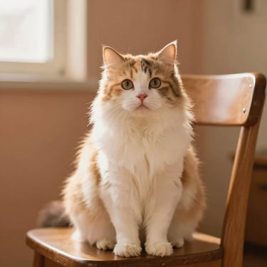 A fluffy calico desi cat sitting upright on a wooden chair, curious expression, warm indoor lighting, 35mm