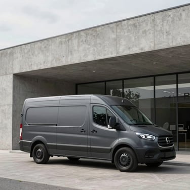 Architectural wide shot of a clean, matte-charcoal transport van parked precisely outside a modern concrete gallery entrance under overcast daylight.