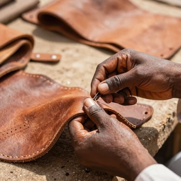 Hands of a local artisan working with leather, detailed craft focus, warm light.