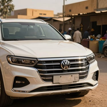 Close-up of a clean modern car grill parked on a sunny street in Khartoum, warm golden daylight.