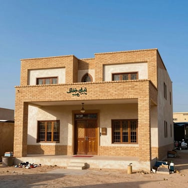 Beautiful modern Sudanese home exterior with warm brick accents, bright blue sky background.