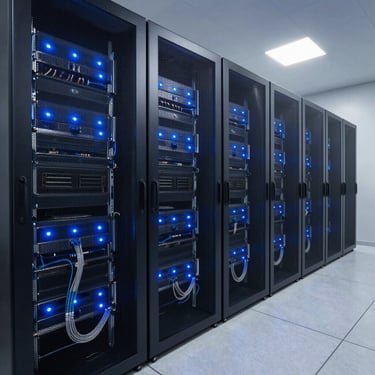 Wide-angle shot of a clean, modern server room with blue LED indicator lights on rack-mounted servers, organized cabling, and dust-free environment.