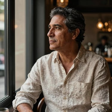 A portrait of a mature South American man in a linen shirt, looking thoughtfully out of a window in a sophisticated bar interior. The lighting is atmospheric, with soft champagne gold and slate grey tones. High-end photography style.