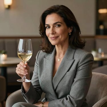 A portrait of a sophisticated South American woman in her 40s, wearing elegant smart-casual attire, smiling subtly while holding a glass of wine. The background is a dimly lit, refined lounge with muted slate grey and beige tones. Soft, warm lighting.