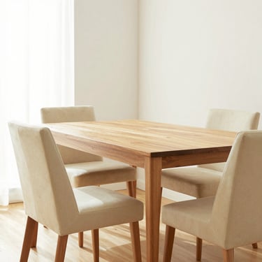 Bright editorial interior photography of a modern dining room setup, warm wood table, soft cream chairs, natural daylight, clean composition