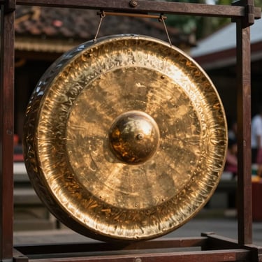 Gamelan instrumen kuno di pendopo Keraton Yogyakarta, cahaya hangat sore hari memantul pada perunggu gong.