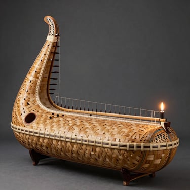Alat musik siter dan rebab bersandar pada anyaman bambu tradisional, disinari cahaya lilin lembut.