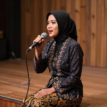 Penyanyi keroncong wanita mengenakan kebaya tradisional, bernyanyi dengan mikrofon klasik di panggung kayu hangat.