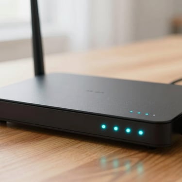 Close-up of a modern sleek black internet router with glowing teal status lights on a wooden desk, soft natural daylight, shallow depth of field, 35mm