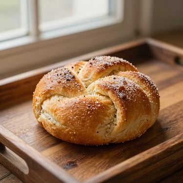 A golden-brown cardamom bun, intricately twisted and dusted with coarse sugar, resting on a rustic wooden tray.