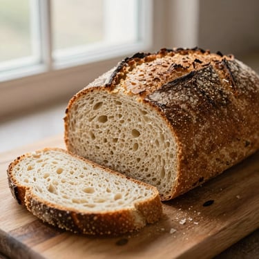 A dense, rich heritage grain sandwich loaf, sliced cleanly to show a soft, uniform crumb.