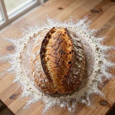 Overhead flat-lay of a rustic sage-infused sourdough boule resting on a flour-dusted wooden prep table, warm morning light.