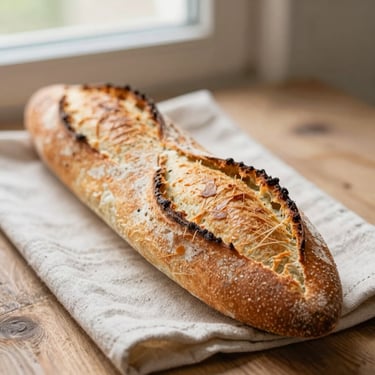 Close-up of a rustic French baguette with a golden blistered crust, resting on a linen baking cloth.
