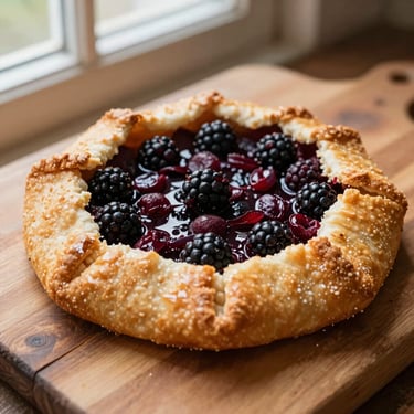 A rustic mountain berry galette filled with wild huckleberries and blackberries, golden flaky crust.