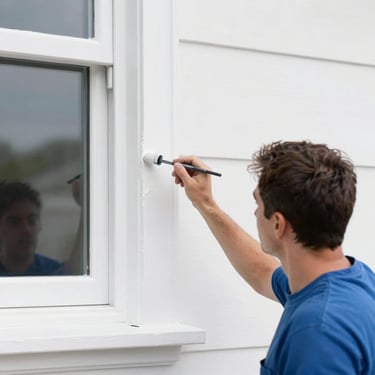 Professional painter applying a crisp coat of protective white paint to exterior window trim, focused action.