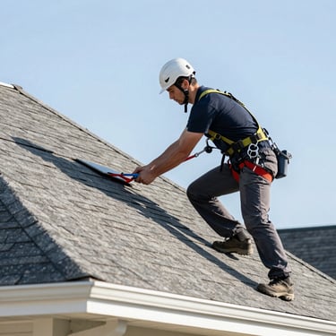 Technician in a safety harness replacing architectural shingles on a clean residential roof, bright afternoon sun.