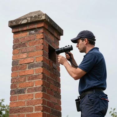 A certified chimney sweep inspecting a brick flue liner with a professional camera tool, bright daylight.