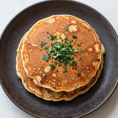 Overhead shot of high-protein savory pancakes topped with fresh herbs on a dark rustic plate, square aspect ratio