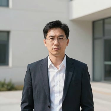 Minimalist portrait of a clinical construction director, professional attire, clean architectural background, soft daylight.