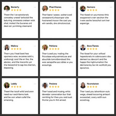 High-fidelity screenshot of a structured social proof grid and customer review layout, clean typography, subtle borders, soft natural lighting.