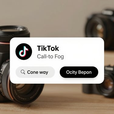 Detailed screenshot of a TikTok ad call-to-action, showing native captions and a clean interactive sticker overlay, warm minimalist aesthetic.