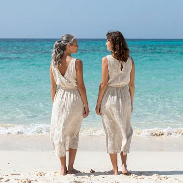 two women in dress in front of the turquoise colored ocean, one long grey hair other short dark hair